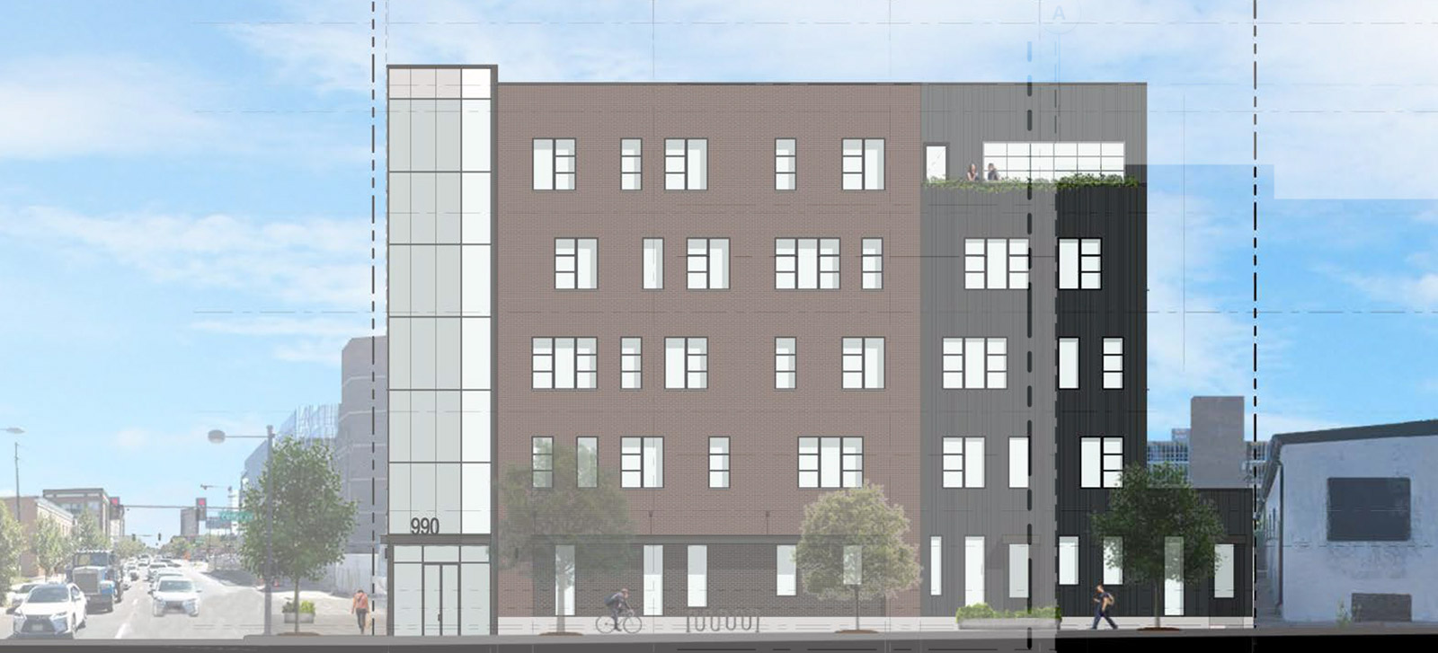 Park Place Condominiums, preliminary side lot (southwest) elevation, courtesy of EVstudio